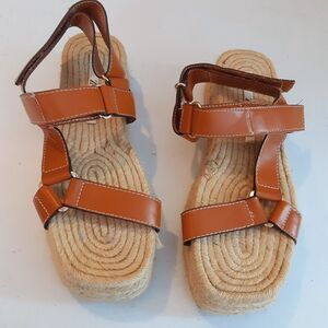 Zara Womens Size 37 (6.5 US) Platform Sandals Hook & Loop Jute Faux Leather